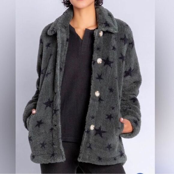 NWT PJ Salvage Cozy Button Up Jacket w/ Pockets in Olive Green Black Stars Small - Picture 16 of 16